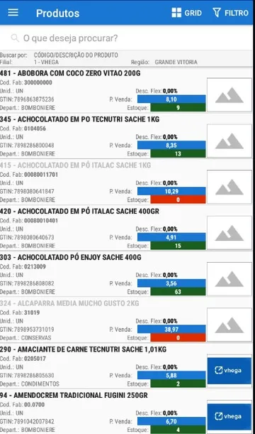 Lista de produtos no Vhega FV